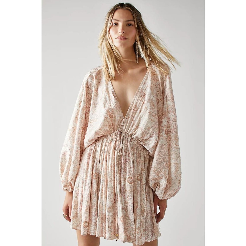 Free People Dress Women XS Arzel Mini Ivory Paisley Print Kimono Pleated Satin - Picture 4 of 15